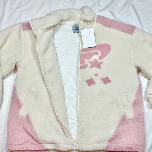 AELFRIC EDEN Oversized Sherpa Fleece Jacket Unisex Large Pink White Full Zip - Picture 4 of 10